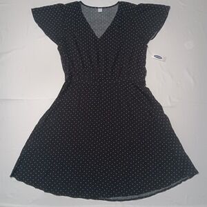 Old Navy Womens Sz L Black White Polka‎ Dot V Neck S/S Dress Fit + Flare NWT